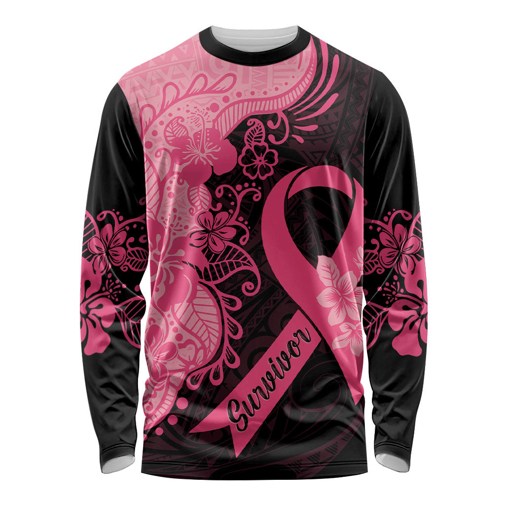 Polynesian Long Sleeve Shirt Plumeria Breast Cancer Survivor Ribbon Pink