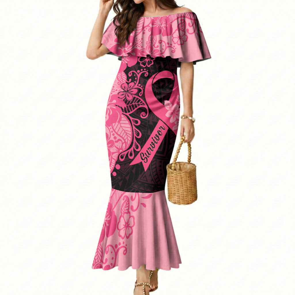 Polynesian Mermaid Dress Plumeria Breast Cancer Survivor Ribbon Pink