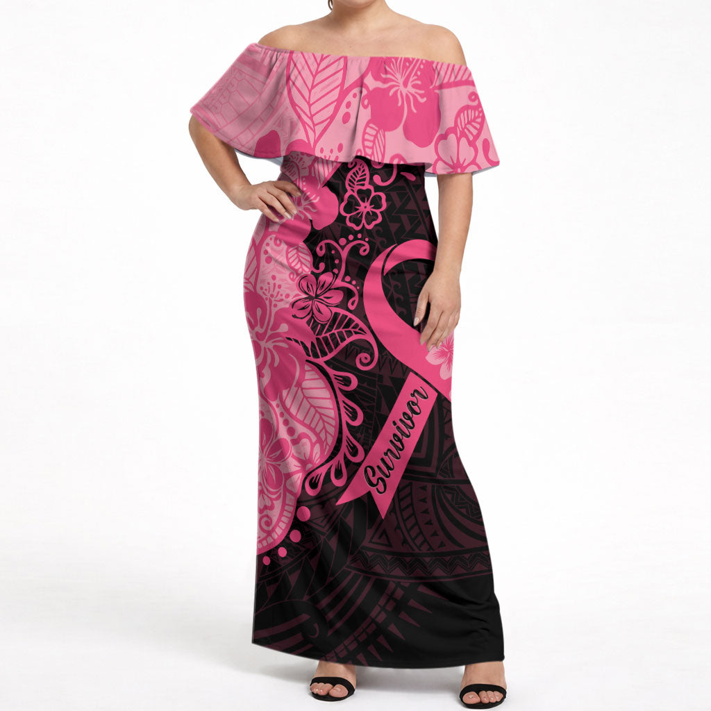 Polynesian Off Shoulder Maxi Dress Plumeria Breast Cancer Survivor Ribbon Pink