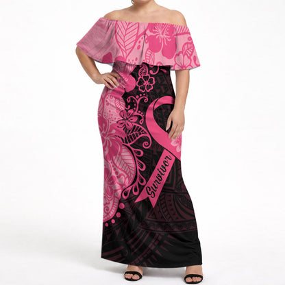 Polynesian Off Shoulder Maxi Dress Plumeria Breast Cancer Survivor Ribbon Pink