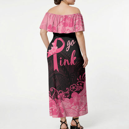 Polynesian Off Shoulder Maxi Dress Plumeria Breast Cancer Survivor Ribbon Pink