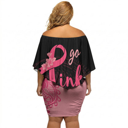 Polynesian Off Shoulder Short Dress Plumeria Breast Cancer Survivor Ribbon Pink