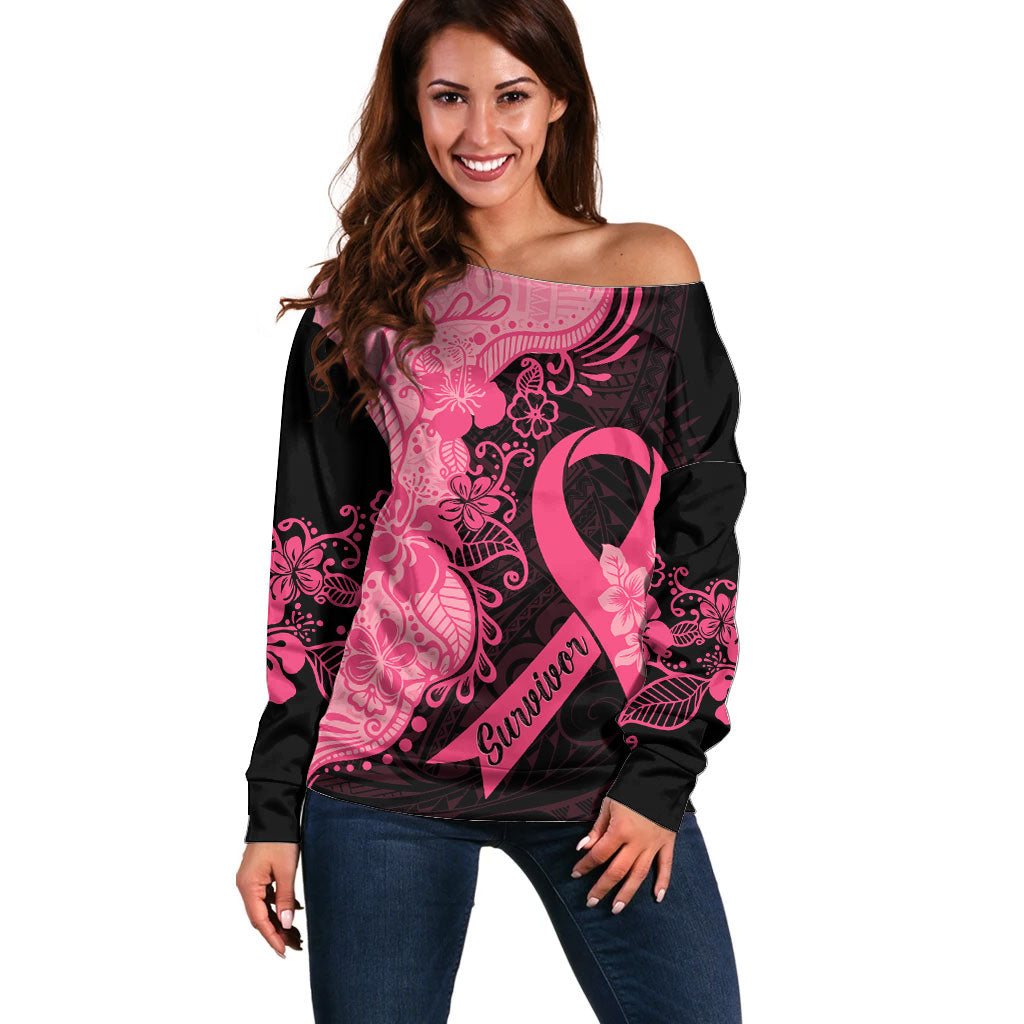 Polynesian Off Shoulder Sweater Plumeria Breast Cancer Survivor Ribbon Pink