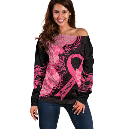 Polynesian Off Shoulder Sweater Plumeria Breast Cancer Survivor Ribbon Pink
