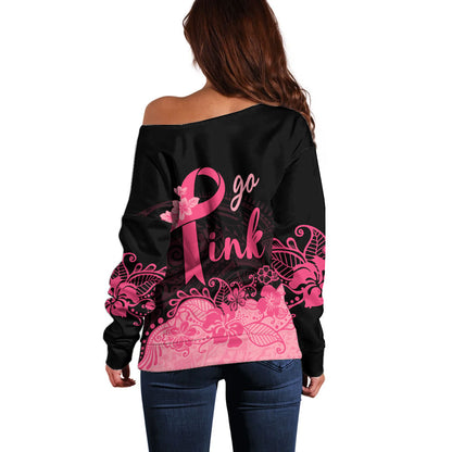 Polynesian Off Shoulder Sweater Plumeria Breast Cancer Survivor Ribbon Pink