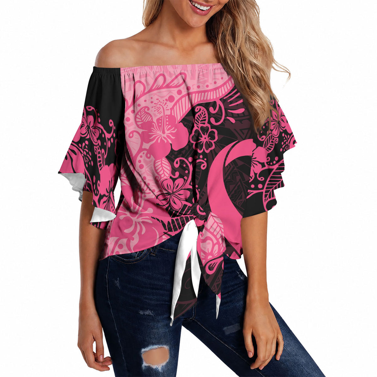 Polynesian Off Shoulder Wrap Waist Top Plumeria Breast Cancer Survivor Ribbon Pink