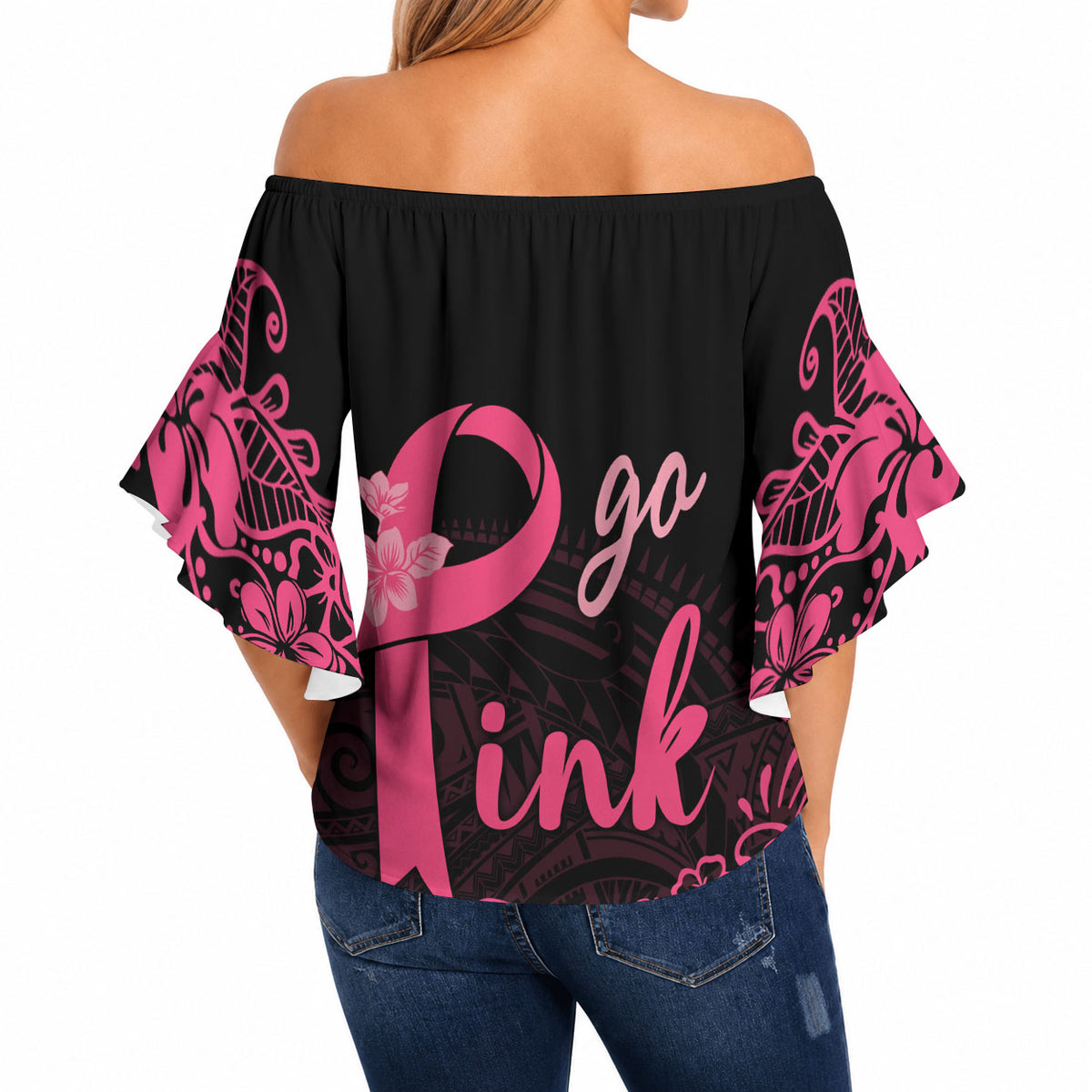 Polynesian Off Shoulder Wrap Waist Top Plumeria Breast Cancer Survivor Ribbon Pink