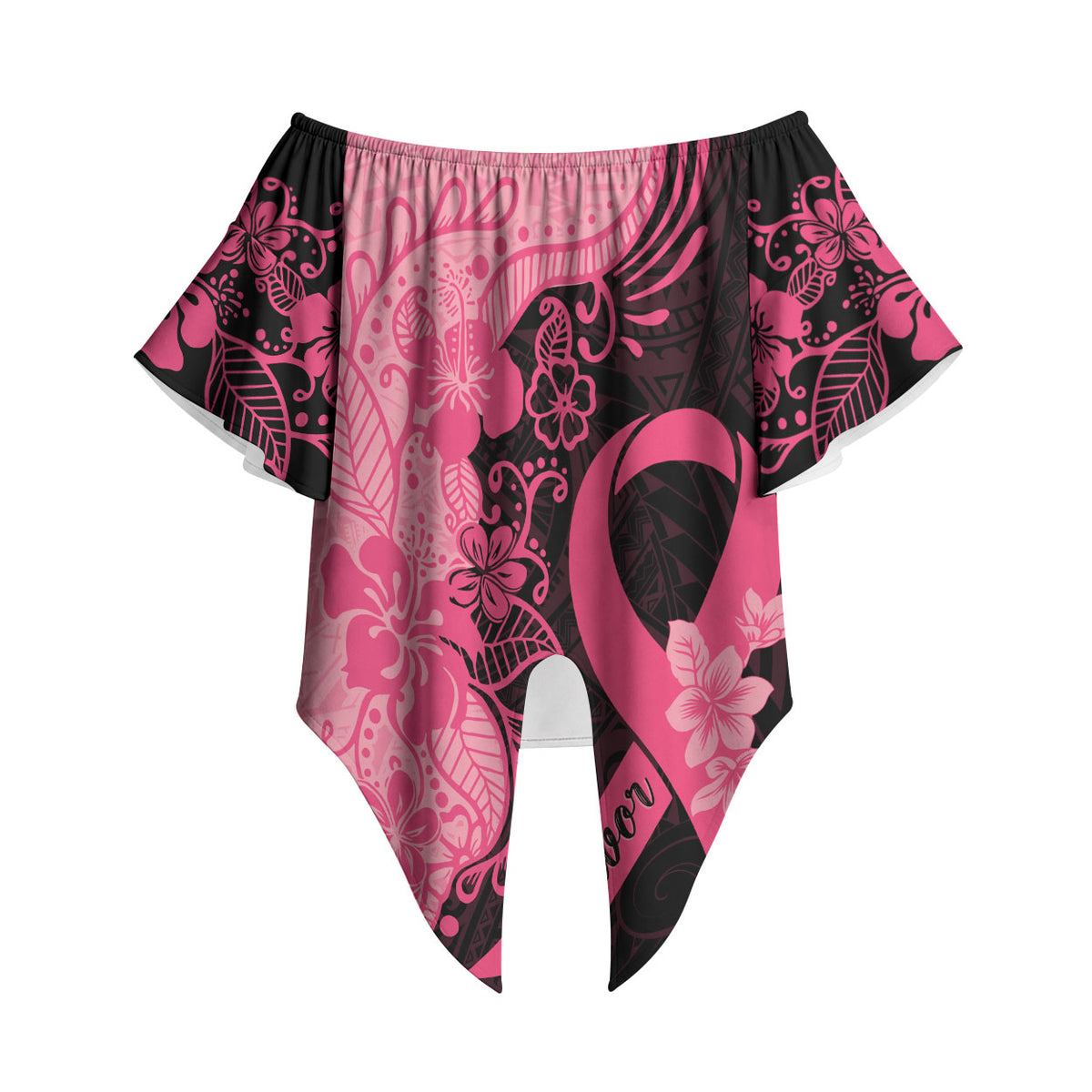 Polynesian Off Shoulder Wrap Waist Top Plumeria Breast Cancer Survivor Ribbon Pink