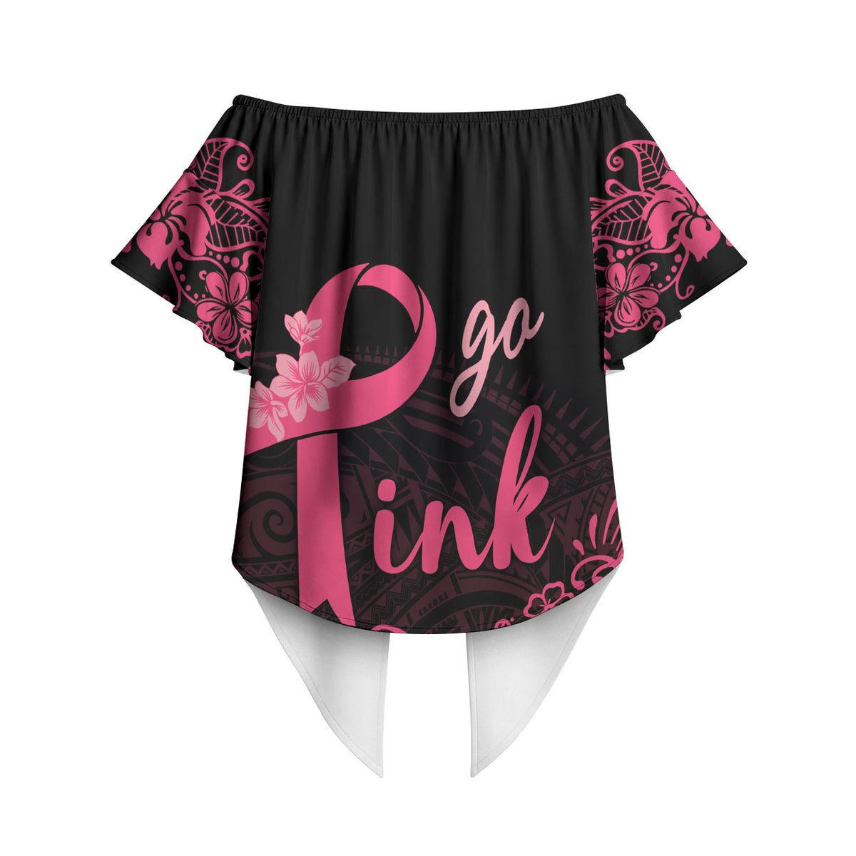 Polynesian Off Shoulder Wrap Waist Top Plumeria Breast Cancer Survivor Ribbon Pink