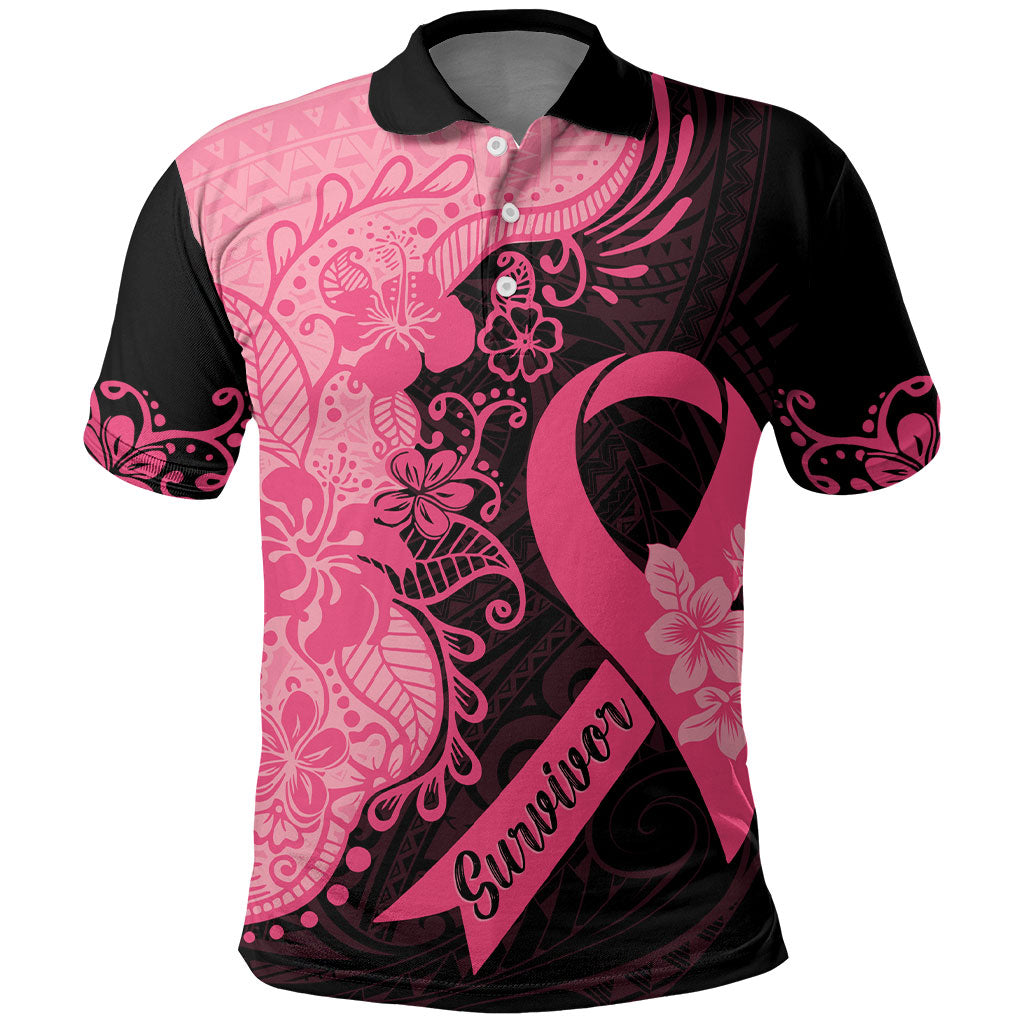 Polynesian Polo Shirt Plumeria Breast Cancer Survivor Ribbon Pink