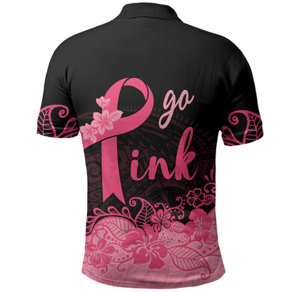 Polynesian Polo Shirt Plumeria Breast Cancer Survivor Ribbon Pink