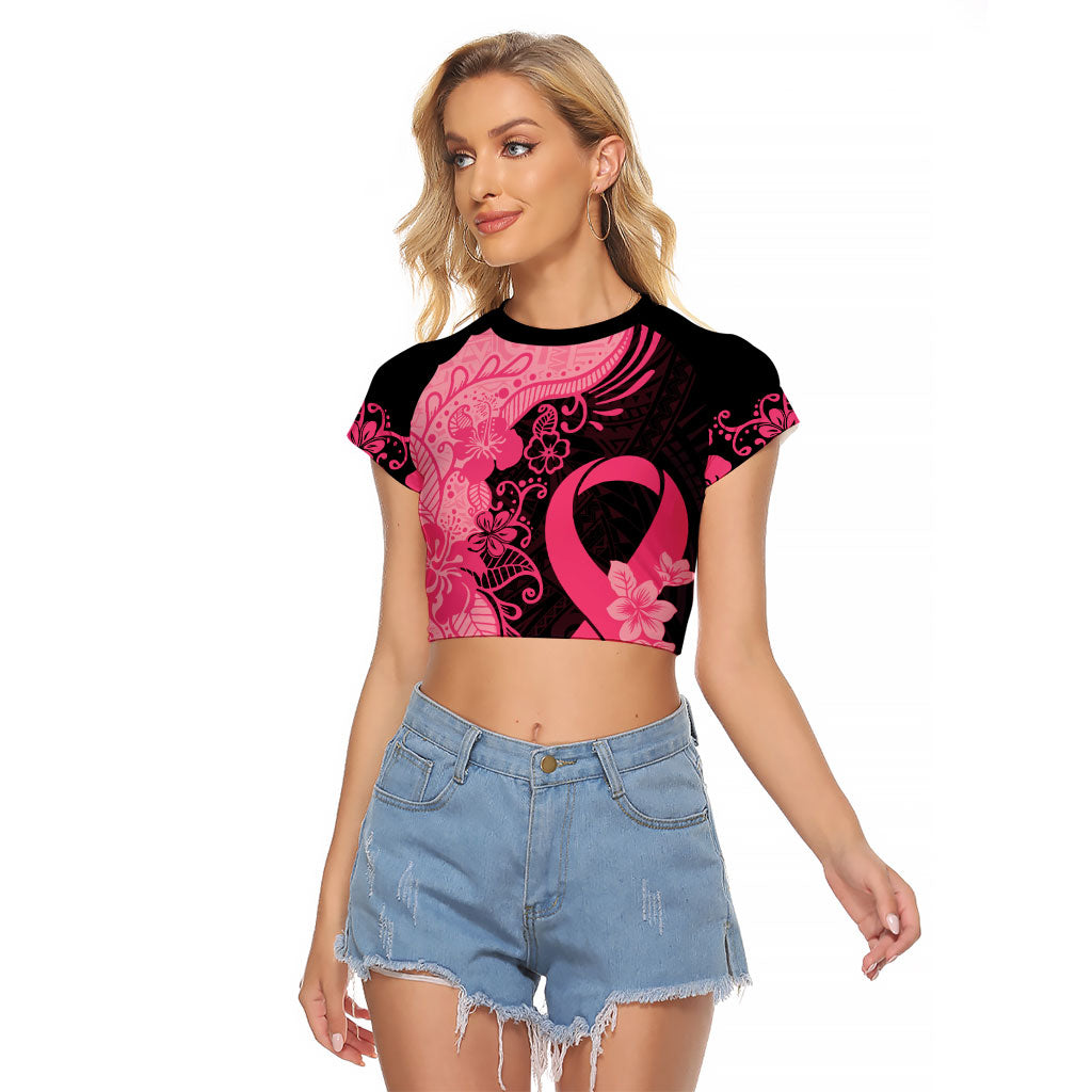 Polynesian Raglan Cropped T Shirt Plumeria Breast Cancer Survivor Ribbon Pink