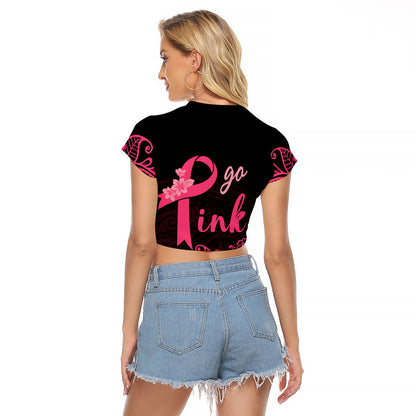 Polynesian Raglan Cropped T Shirt Plumeria Breast Cancer Survivor Ribbon Pink