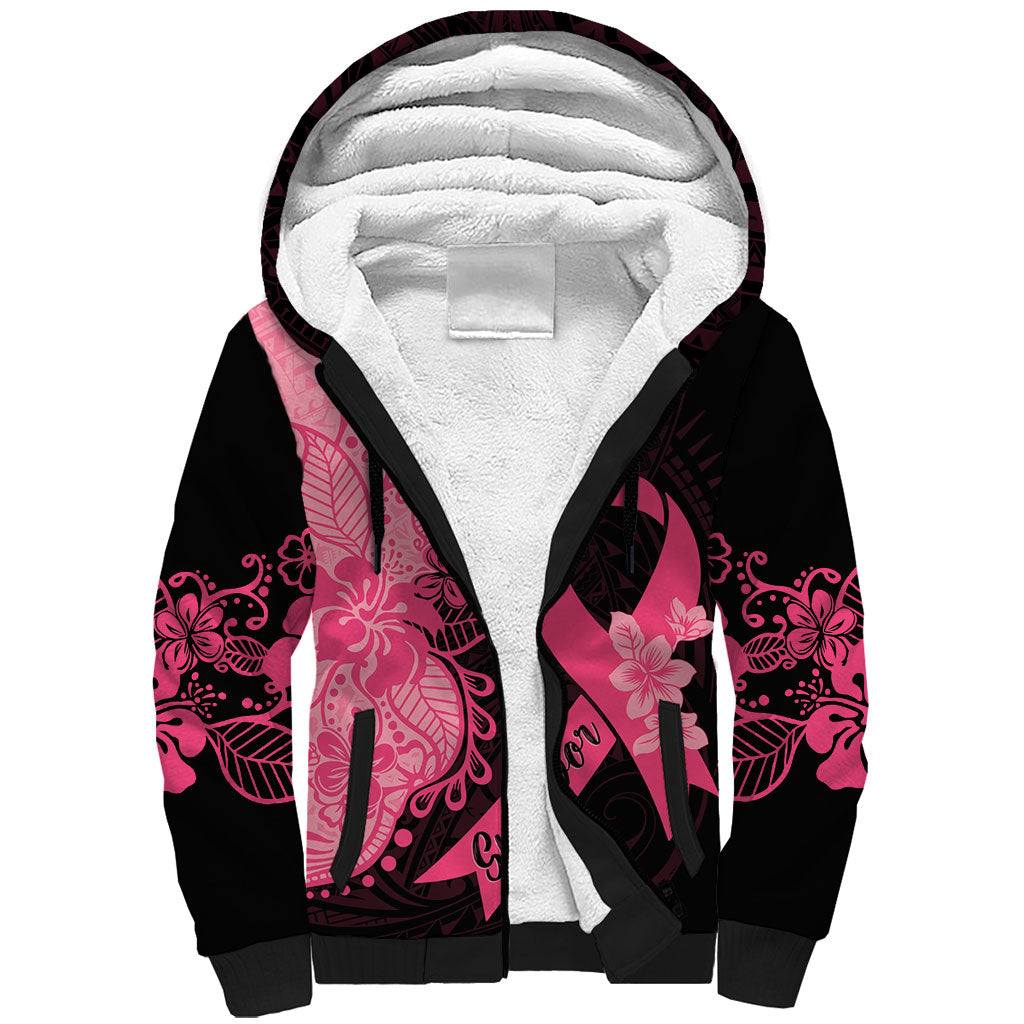 Polynesian Sherpa Hoodie Plumeria Breast Cancer Survivor Ribbon Pink