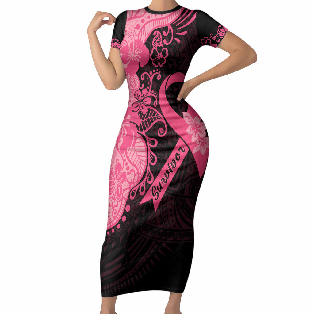 Polynesian Short Sleeve Bodycon Dress Plumeria Breast Cancer Survivor Ribbon Pink