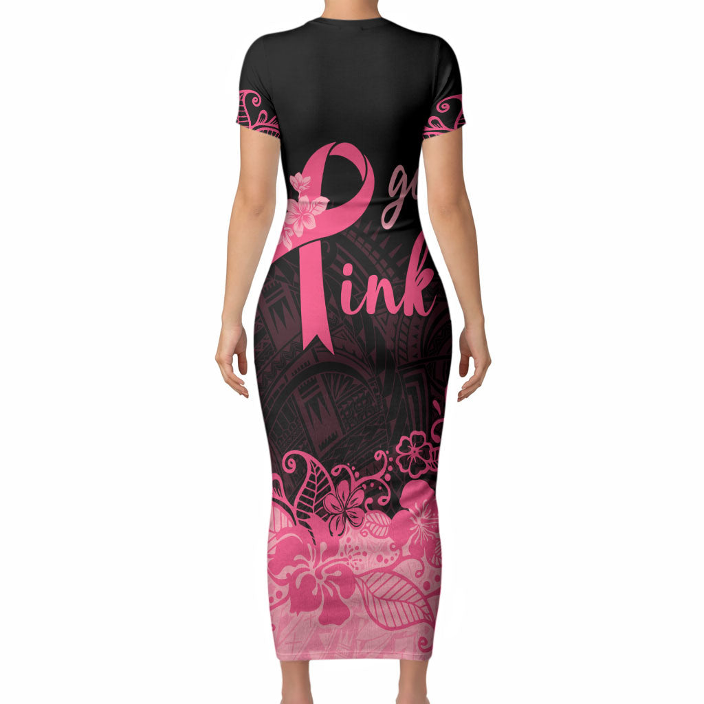 Polynesian Short Sleeve Bodycon Dress Plumeria Breast Cancer Survivor Ribbon Pink
