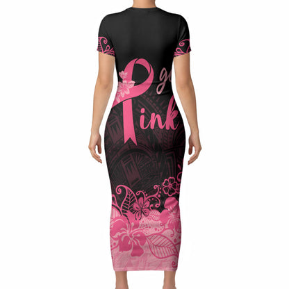 Polynesian Short Sleeve Bodycon Dress Plumeria Breast Cancer Survivor Ribbon Pink