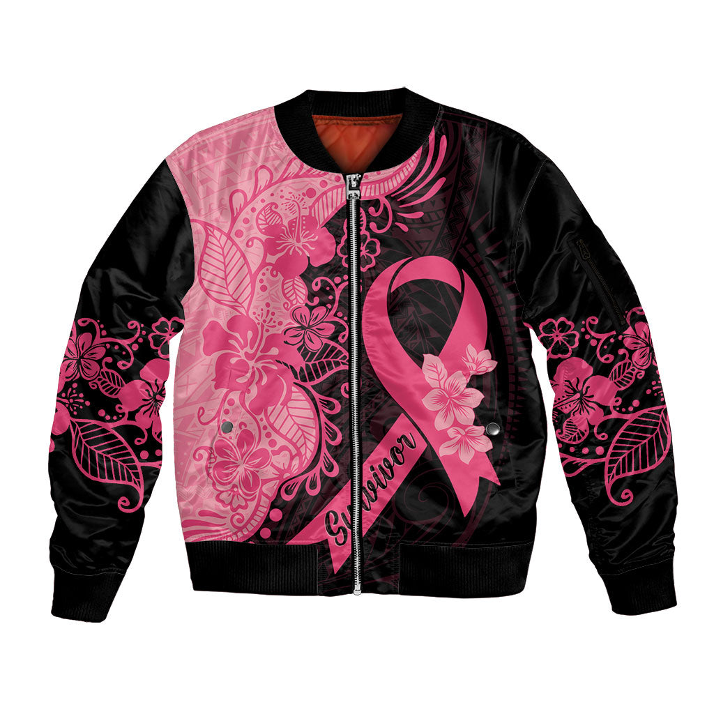 Polynesian Sleeve Zip Bomber Jacket Plumeria Breast Cancer Survivor Ribbon Pink
