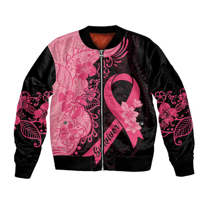 Polynesian Sleeve Zip Bomber Jacket Plumeria Breast Cancer Survivor Ribbon Pink