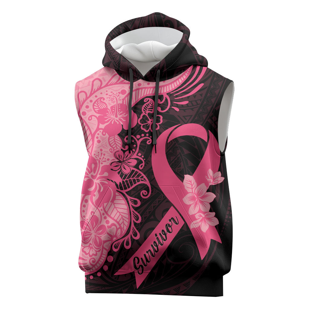 Polynesian Sleeveless Hoodie Plumeria Breast Cancer Survivor Ribbon Pink