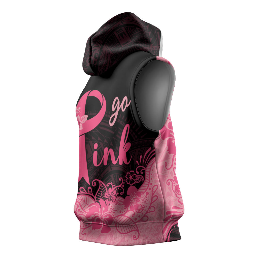 Polynesian Sleeveless Hoodie Plumeria Breast Cancer Survivor Ribbon Pink