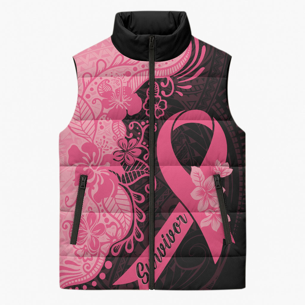 Polynesian Sleeveless Puffer Jacket Plumeria Breast Cancer Survivor Ribbon Pink