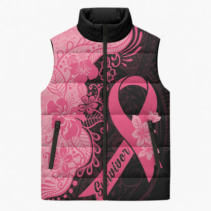 Polynesian Sleeveless Puffer Jacket Plumeria Breast Cancer Survivor Ribbon Pink