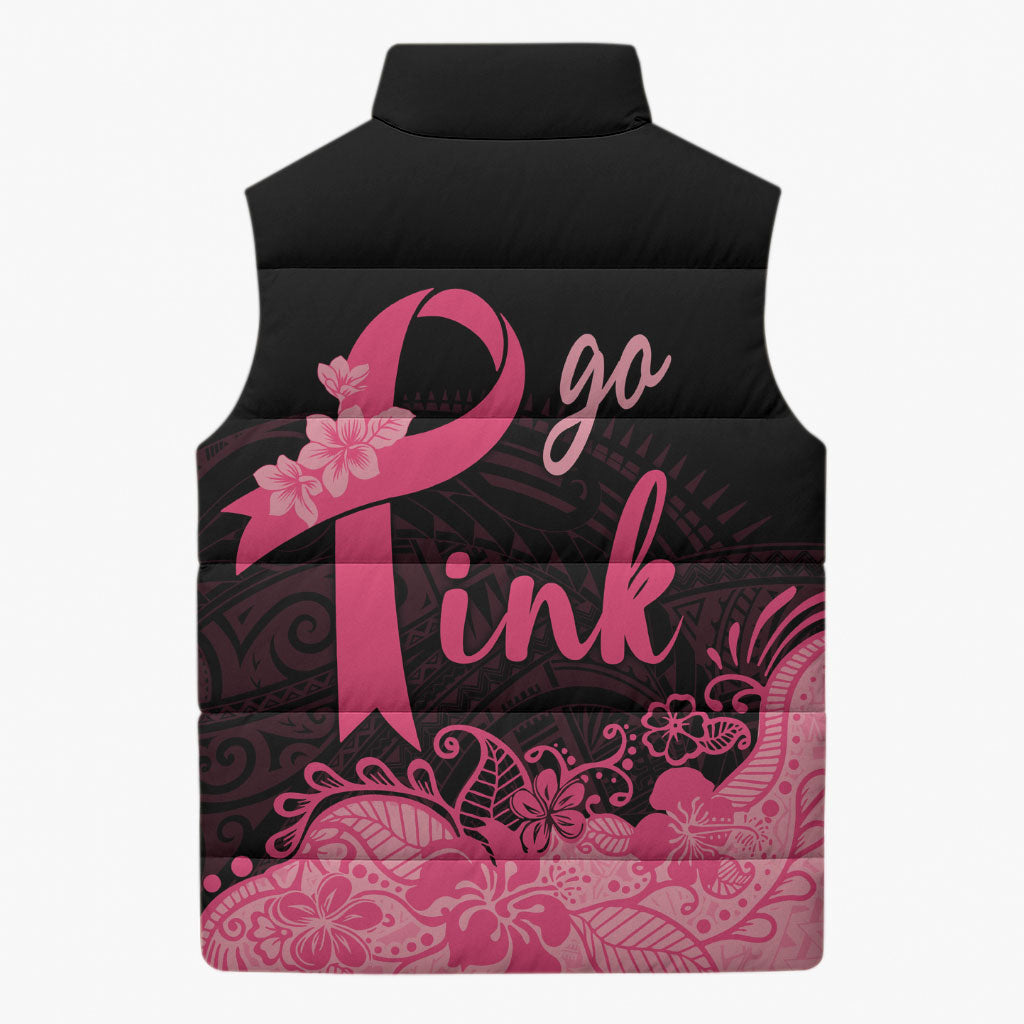 Polynesian Sleeveless Puffer Jacket Plumeria Breast Cancer Survivor Ribbon Pink