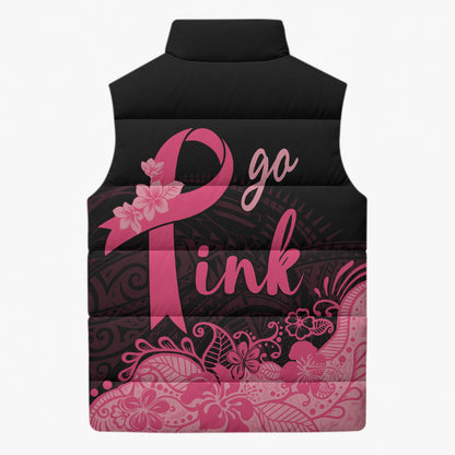 Polynesian Sleeveless Puffer Jacket Plumeria Breast Cancer Survivor Ribbon Pink