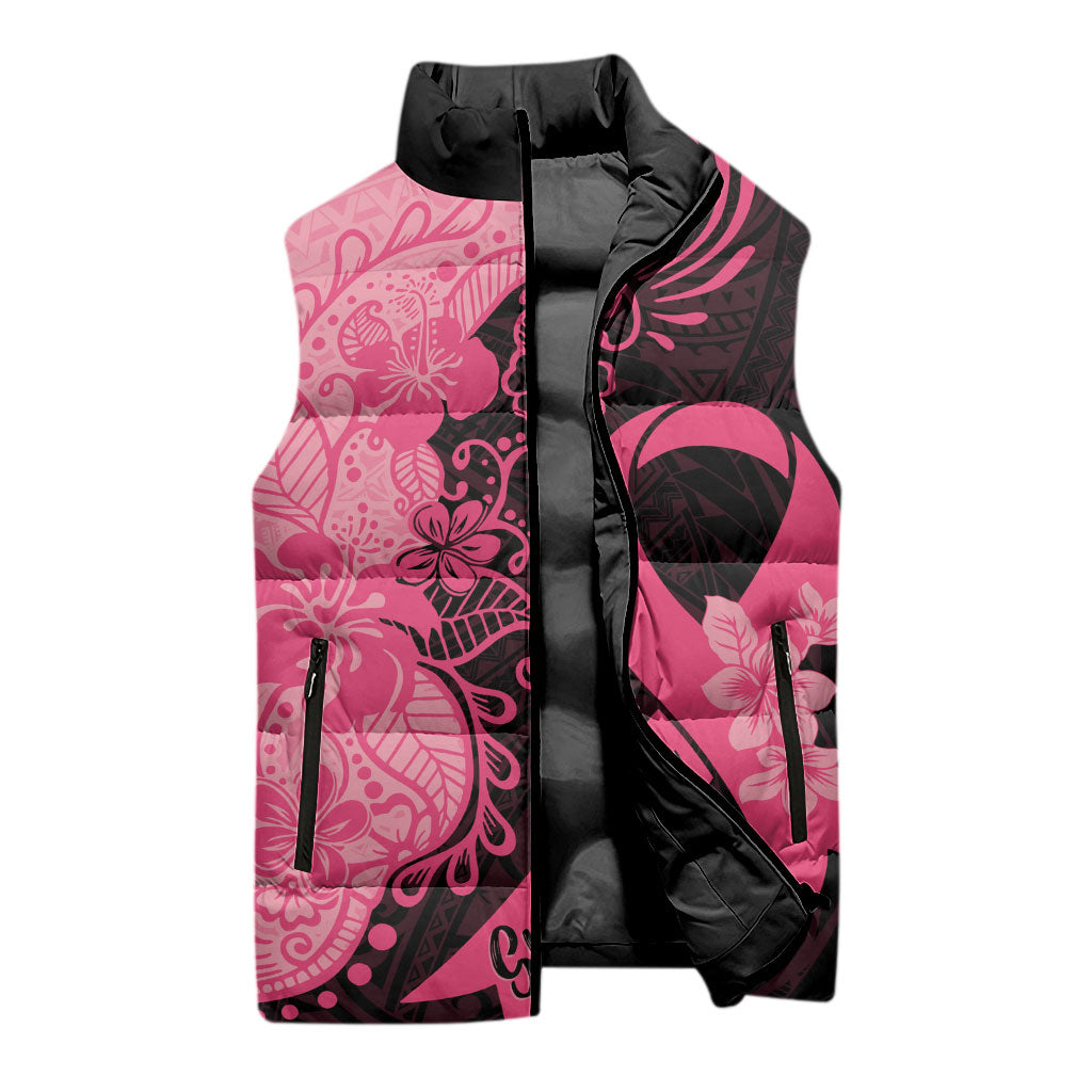 Polynesian Sleeveless Puffer Jacket Plumeria Breast Cancer Survivor Ribbon Pink