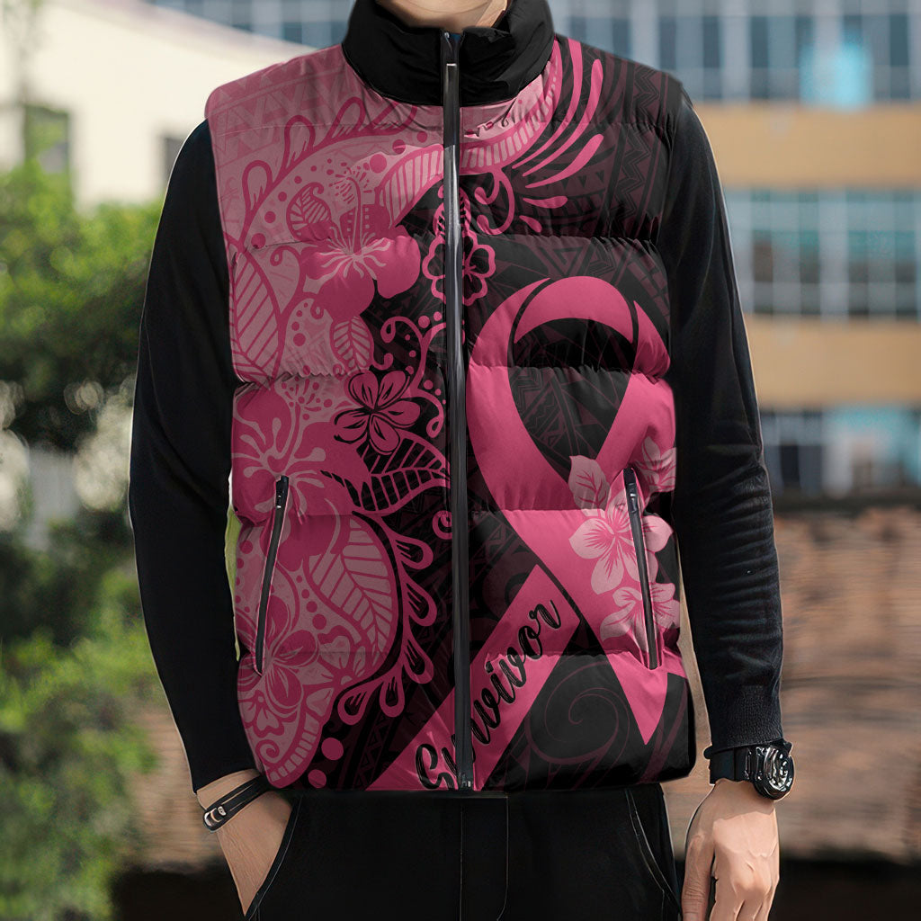 Polynesian Sleeveless Puffer Jacket Plumeria Breast Cancer Survivor Ribbon Pink