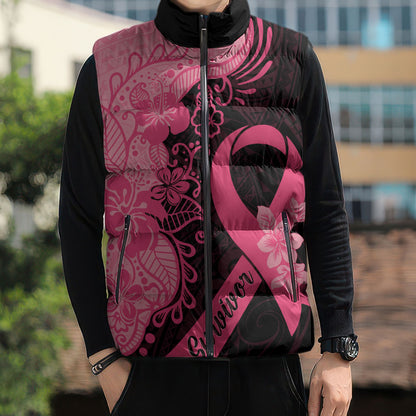 Polynesian Sleeveless Puffer Jacket Plumeria Breast Cancer Survivor Ribbon Pink