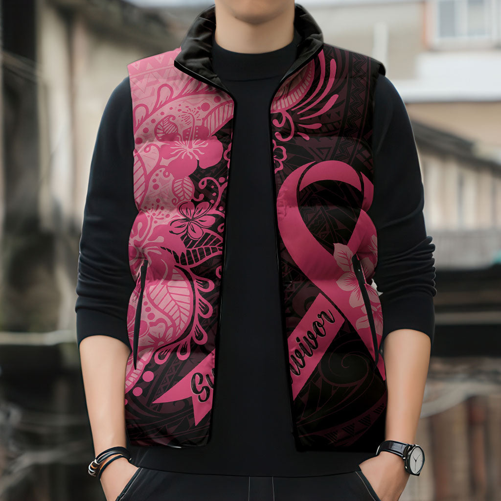 Polynesian Sleeveless Puffer Jacket Plumeria Breast Cancer Survivor Ribbon Pink