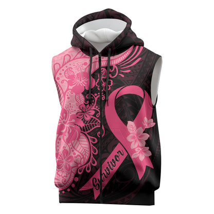 Polynesian Sleeveless Zip Hoodie Plumeria Breast Cancer Survivor Ribbon Pink