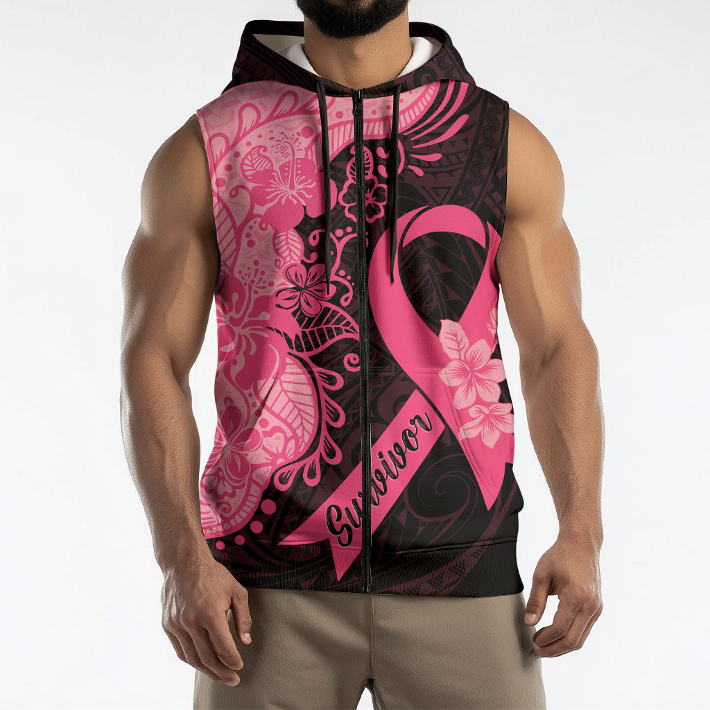 Polynesian Sleeveless Zip Hoodie Plumeria Breast Cancer Survivor Ribbon Pink