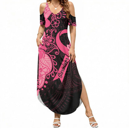 Polynesian Summer Maxi Dress Plumeria Breast Cancer Survivor Ribbon Pink