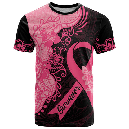 Polynesian T Shirt Plumeria Breast Cancer Survivor Ribbon Pink