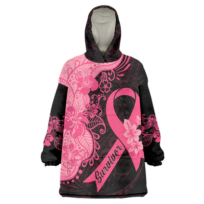 Polynesian Wearable Blanket Hoodie Plumeria Breast Cancer Survivor Ribbon Pink
