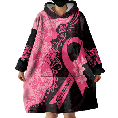 Polynesian Wearable Blanket Hoodie Plumeria Breast Cancer Survivor Ribbon Pink