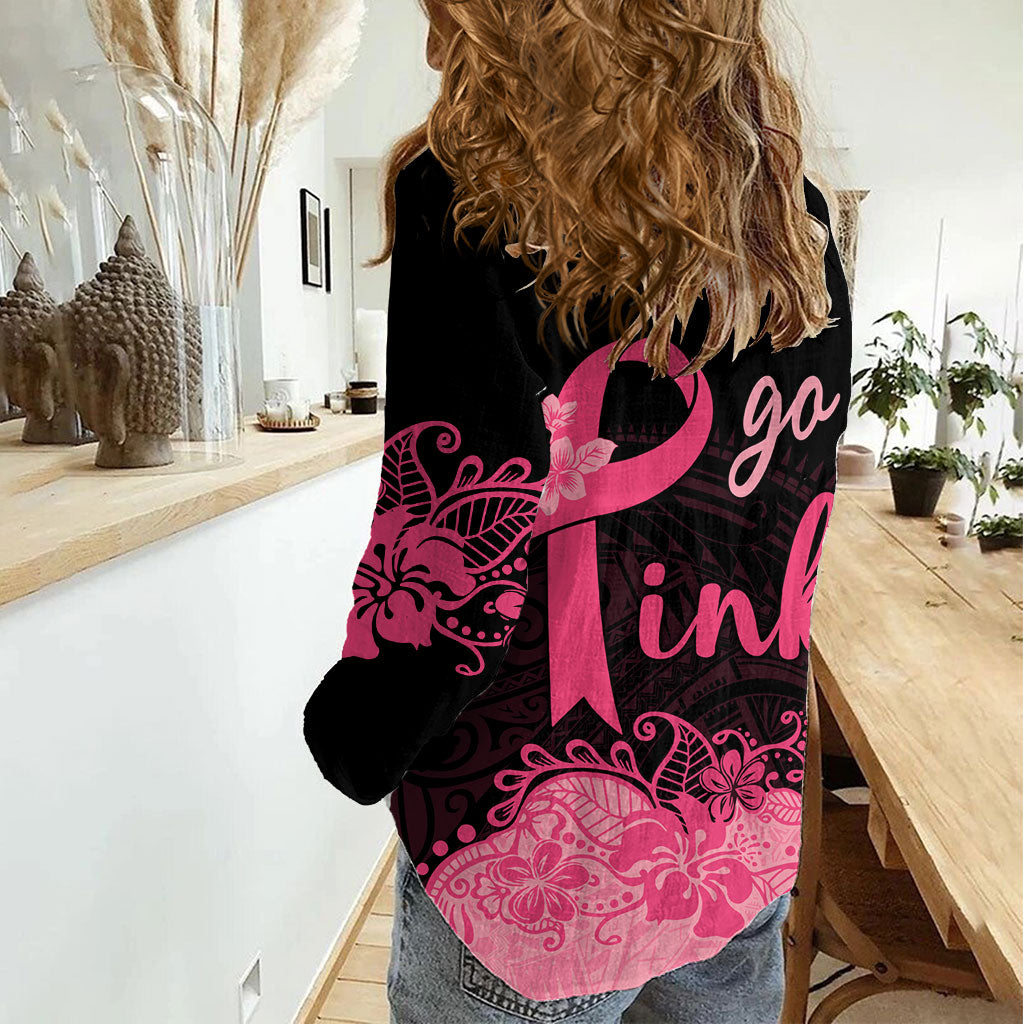 Polynesian Women Casual Shirt Plumeria Breast Cancer Survivor Ribbon Pink