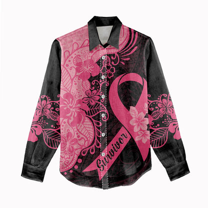 Polynesian Women Casual Shirt Plumeria Breast Cancer Survivor Ribbon Pink