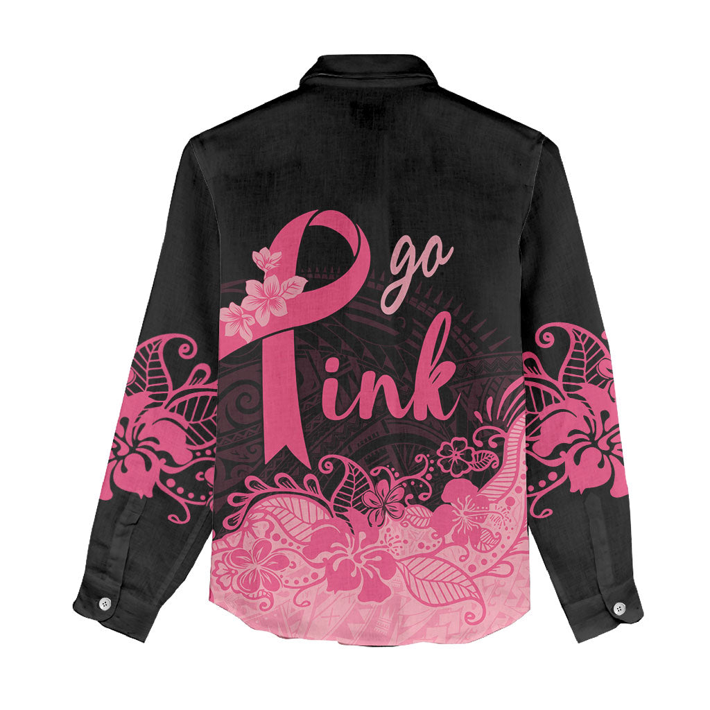 Polynesian Women Casual Shirt Plumeria Breast Cancer Survivor Ribbon Pink