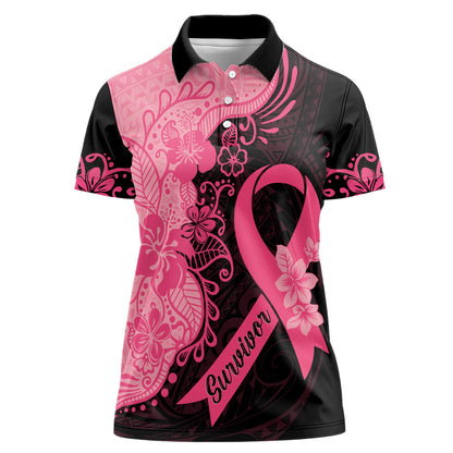 Polynesian Women Polo Shirt Plumeria Breast Cancer Survivor Ribbon Pink