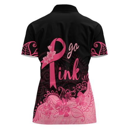 Polynesian Women Polo Shirt Plumeria Breast Cancer Survivor Ribbon Pink
