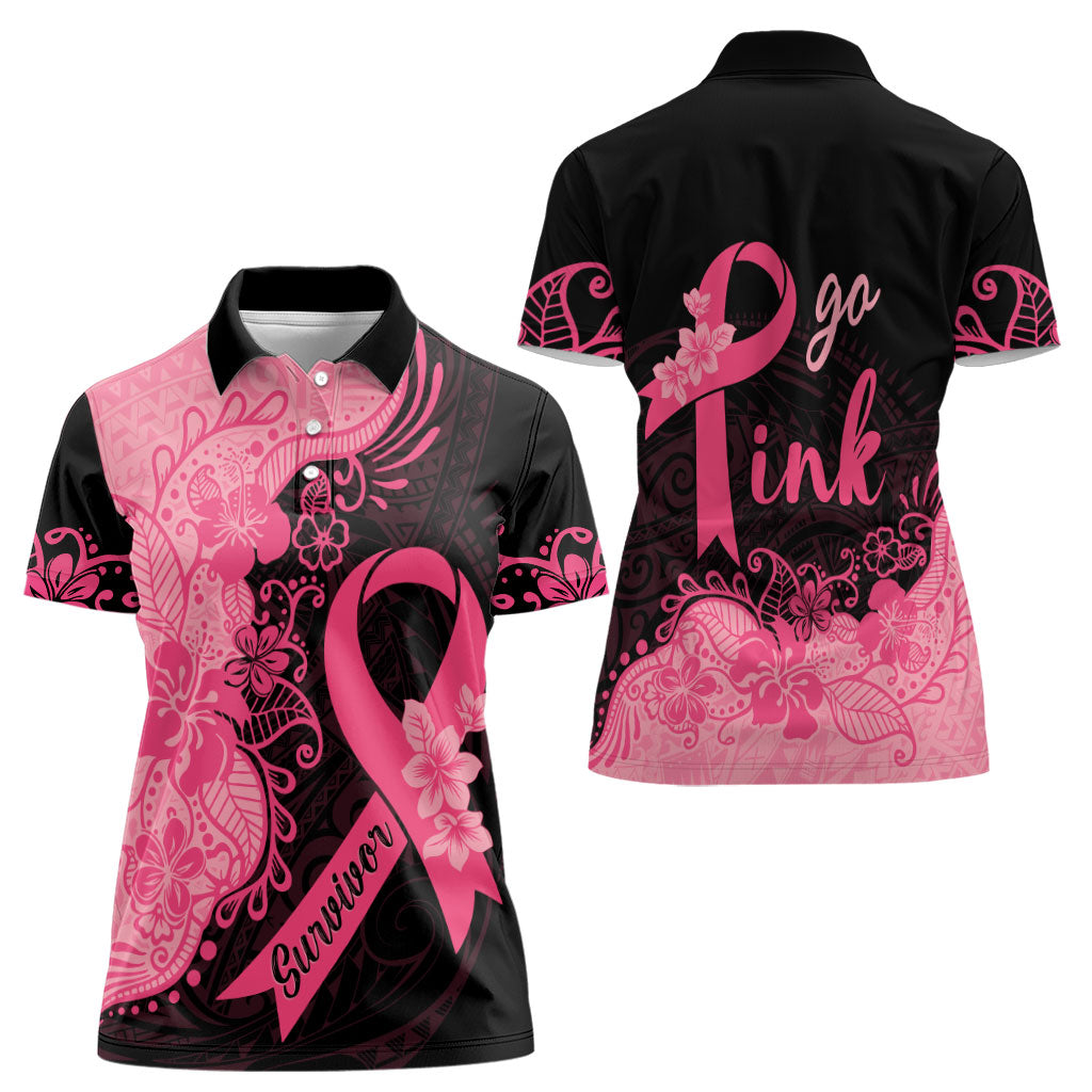 Polynesian Women Polo Shirt Plumeria Breast Cancer Survivor Ribbon Pink