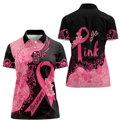 Polynesian Women Polo Shirt Plumeria Breast Cancer Survivor Ribbon Pink