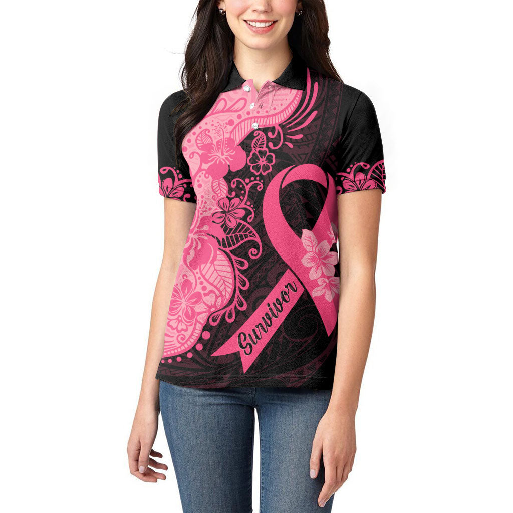 Polynesian Women Polo Shirt Plumeria Breast Cancer Survivor Ribbon Pink