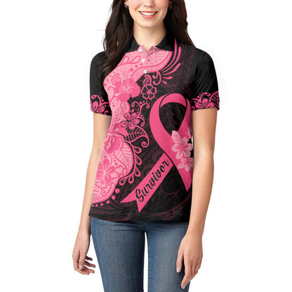 Polynesian Women Polo Shirt Plumeria Breast Cancer Survivor Ribbon Pink