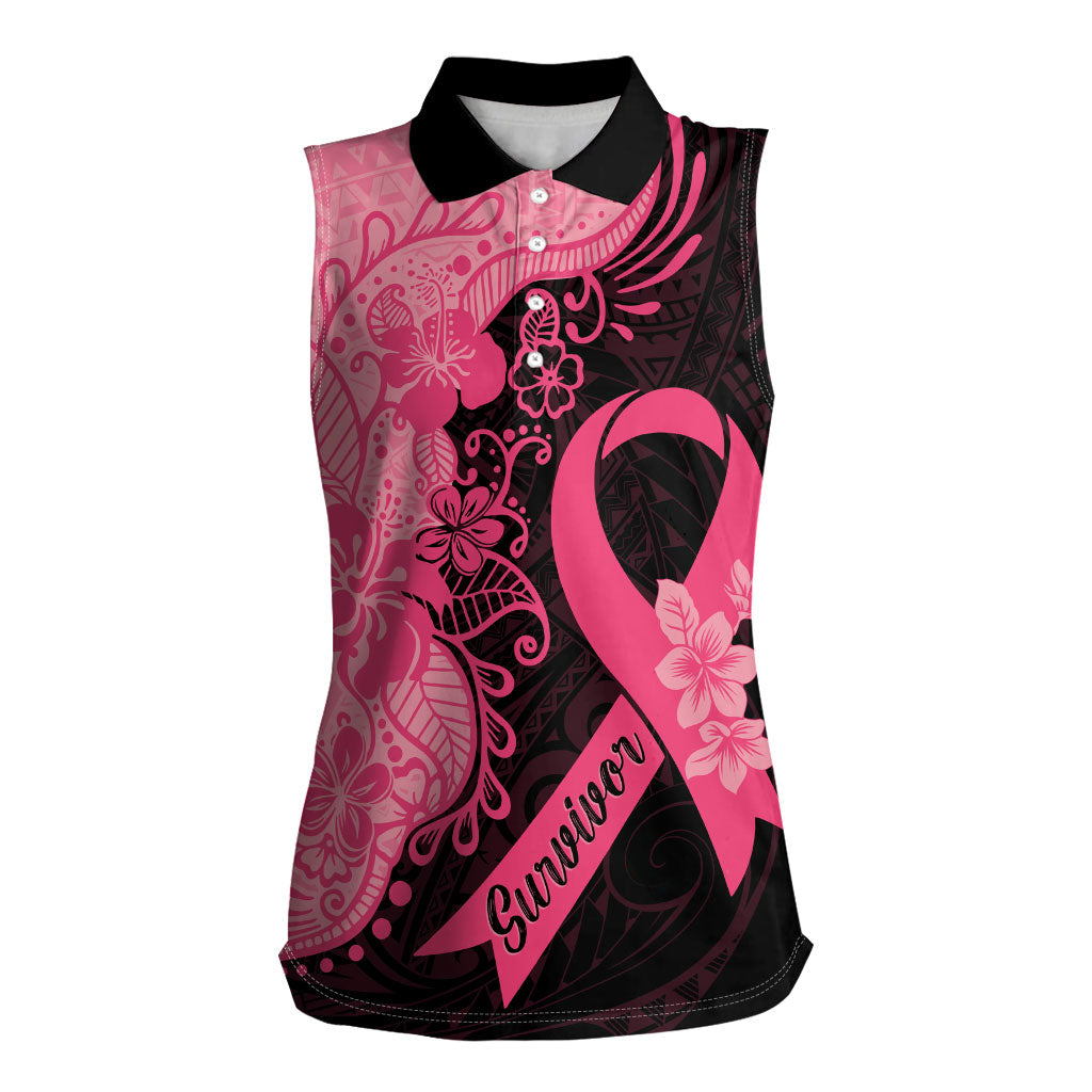 Polynesian Women Sleeveless Polo Shirt Plumeria Breast Cancer Survivor Ribbon Pink