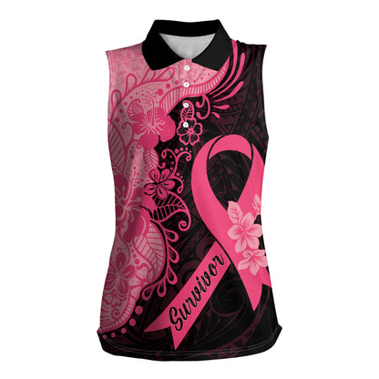 Polynesian Women Sleeveless Polo Shirt Plumeria Breast Cancer Survivor Ribbon Pink